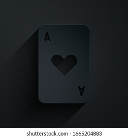 Paper cut Playing card with heart symbol icon isolated on black background. Casino gambling. Paper art style. Vector Illustration