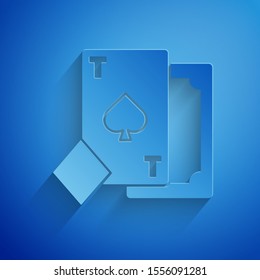 Paper cut Playing card with spades symbol icon isolated on blue background. Casino gambling. Paper art style. Vector Illustration