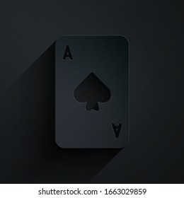 Paper cut Playing card with spades symbol icon isolated on black background. Casino gambling. Paper art style. Vector Illustration