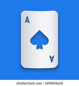 Paper cut Playing card with spades symbol icon isolated on blue background. Casino gambling. Paper art style. Vector Illustration