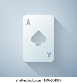 Paper cut Playing card with spades symbol icon isolated on grey background. Casino gambling. Paper art style. Vector Illustration