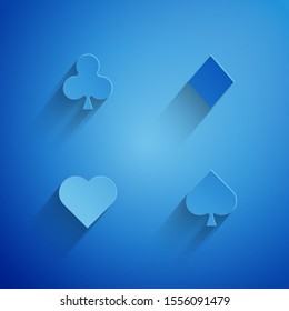 Paper cut Playing cards icon isolated on blue background. Casino gambling. Paper art style. Vector Illustration