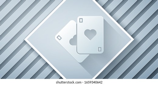 Paper cut Playing cards icon isolated on grey background. Casino gambling. Paper art style. Vector Illustration