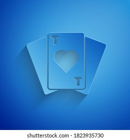 Paper cut Playing cards icon isolated on blue background. Casino gambling. Paper art style. Vector Illustration