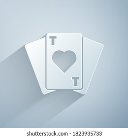 Paper cut Playing cards icon isolated on grey background. Casino gambling. Paper art style. Vector Illustration