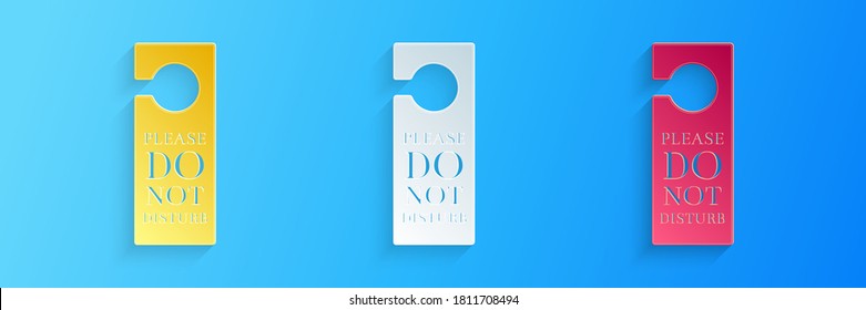 Paper cut Please do not disturb icon isolated on blue background. Hotel Door Hanger Tags. Paper art style. Vector.