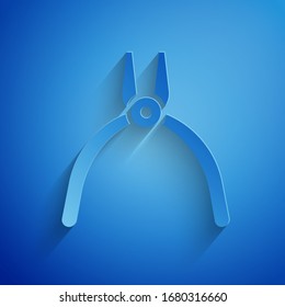 Paper cut Pliers tool icon isolated on blue background. Pliers work industry mechanical plumbing tool. Paper art style. Vector Illustration