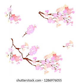 Paper cut Plum flower and Sakura flower vector set, Beautiful line art Peach blossom isolate on white background