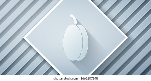 Paper cut Plum fruit icon isolated on grey background. Paper art style. Vector Illustration