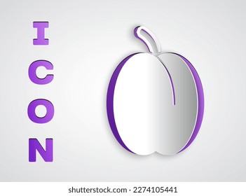 Papierschnitt Pflaumenfrucht Symbol einzeln auf grauem Hintergrund. Kunststil aus Papier. Vektorgrafik