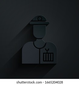 Paper cut Plumber icon isolated on black background. Paper art style. Vector Illustration