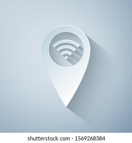 Paper cut Pointer map with wifi internet signal connection icon isolated on grey background. Paper art style. Vector Illustration