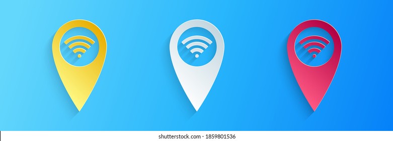 Paper cut Pointer map with wifi internet signal connection icon isolated on blue background. Paper art style. Vector.
