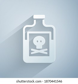 Paper cut Poison in bottle icon isolated on grey background. Bottle of poison or poisonous chemical toxin. Paper art style. Vector