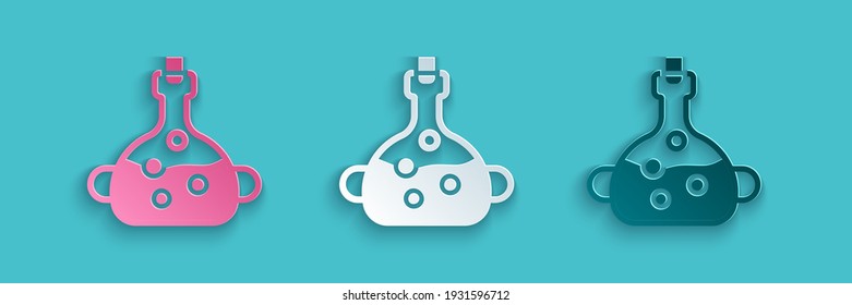Paper cut Poison in bottle icon isolated on blue background. Bottle of poison or poisonous chemical toxin. Paper art style. Vector