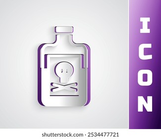 Papierschnitt Gift in der Flasche Symbol einzeln auf grauem Hintergrund. Eine Flasche Gift oder giftiges chemisches Toxin. Papierkunststil. Vektorgrafik