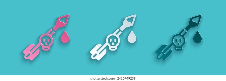 Paper cut Poison on the arrow icon isolated on blue background. Poisoned arrow. Paper art style. Vector