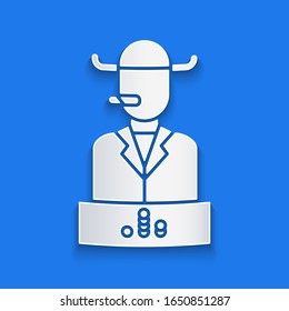 Paper cut Poker player icon isolated on blue background. Paper art style. Vector Illustration