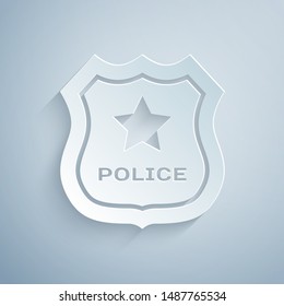 Paper cut Police badge icon isolated on grey background. Sheriff badge sign. Paper art style. Vector Illustration