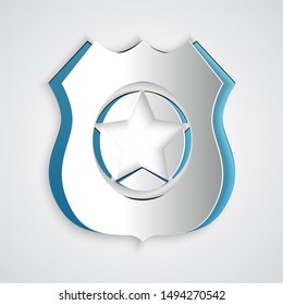 Paper cut Police badge icon isolated on grey background. Sheriff badge sign. Paper art style. Vector Illustration