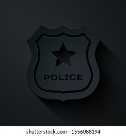 Paper cut Police badge icon isolated on black background. Sheriff badge sign. Paper art style. Vector Illustration