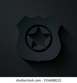 Paper cut Police badge icon isolated on black background. Sheriff badge sign. Paper art style. Vector Illustration