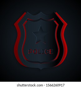 Paper cut Police badge icon isolated on black background. Sheriff badge sign. Paper art style. Vector Illustration