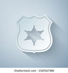Paper cut Police badge icon isolated on grey background. Sheriff badge sign. Paper art style. Vector Illustration
