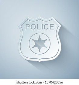 Paper cut Police badge icon isolated on grey background. Sheriff badge sign. Paper art style. Vector Illustration