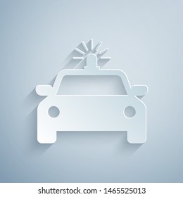 Paper cut Police car and police flasher icon isolated on grey background. Emergency flashing siren. Paper art style. Vector Illustration