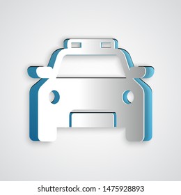 Paper cut Police car and police flasher icon isolated on grey background. Emergency flashing siren. Paper art style. Vector Illustration