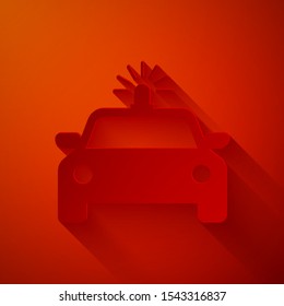 Paper cut Police car and police flasher icon isolated on red background. Emergency flashing siren. Paper art style. Vector Illustration