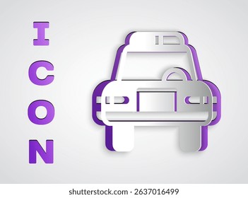 Paper cut Police car and police flasher icon isolated on grey background. Emergency flashing siren. Paper art style. Vector