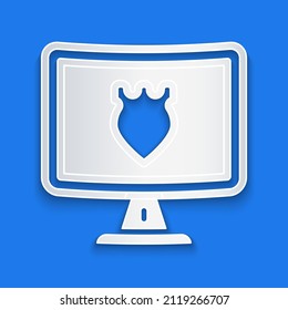 Paper cut Police database icon isolated on blue background. Police badge on monitor screen. Online police service concepts. Paper art style. Vector