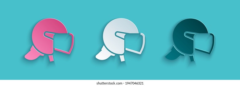Paper cut Police helmet icon isolated on blue background. Military helmet. Paper art style. Vector