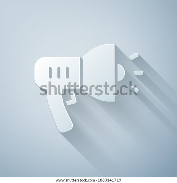 Paper cut Police megaphone icon isolated on\
grey background. Paper art style.\
Vector