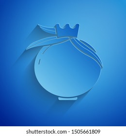 Paper cut Pomegranate icon isolated on blue background. Garnet fruit. Paper art style. Vector Illustration