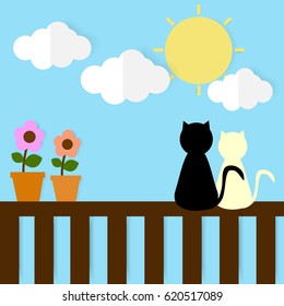Paper cut pop up style : 2 cats sit on the fence looking at the sun in the sky