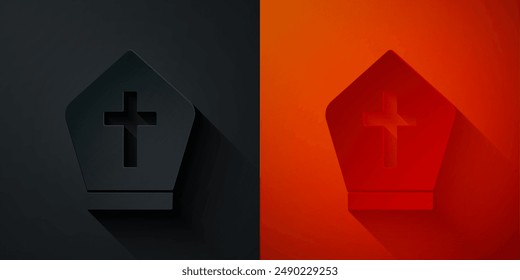 Paper cut Pope hat icon isolated on black and red background. Christian hat sign. Paper art style. Vector