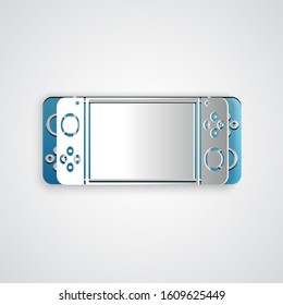 Paper cut Portable video game console icon isolated on grey background. Gamepad sign. Gaming concept. Paper art style. Vector Illustration