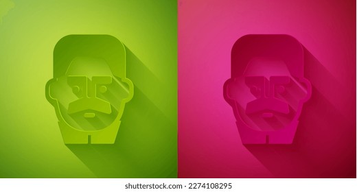 Paper cut Portrait of Joseph Stalin icon isolated on green and pink background. Paper art style. Vector