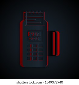Paper cut POS terminal with inserted credit card and printed reciept icon isolated on black background. NFC payment concept. Paper art style. Vector Illustration