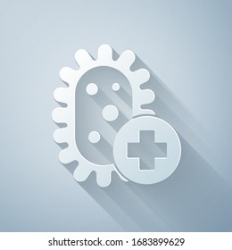 Paper cut Positive virus icon isolated on grey background. Corona virus 2019-nCoV. Bacteria and germs, cell cancer, microbe, fungi. Paper art style. Vector Illustration