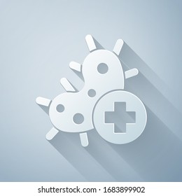 Paper cut Positive virus icon isolated on grey background. Corona virus 2019-nCoV. Bacteria and germs, cell cancer, microbe, fungi. Paper art style. Vector Illustration