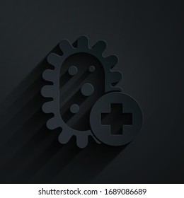 Paper cut Positive virus icon isolated on black background. Corona virus 2019-nCoV. Bacteria and germs, cell cancer, microbe, fungi. Paper art style. Vector Illustration