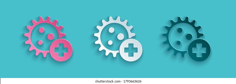 Paper cut Positive virus icon isolated on blue background. Corona virus 2019-nCoV. Bacteria and germs, cell cancer, microbe, fungi. Paper art style. Vector Illustration