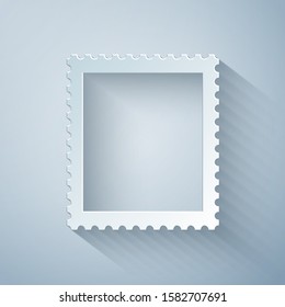 Paper cut Postal stamp icon isolated on grey background. Paper art style. Vector Illustration