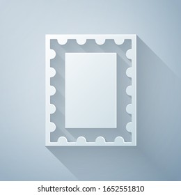 Paper cut Postal stamp icon isolated on grey background. Paper art style. Vector Illustration
