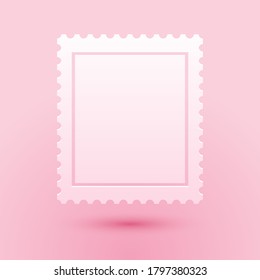 Paper cut Postal stamp icon isolated on pink background. Paper art style. Vector.