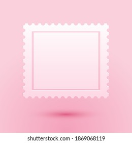 Paper cut Postal stamp icon isolated on pink background. Paper art style. Vector.